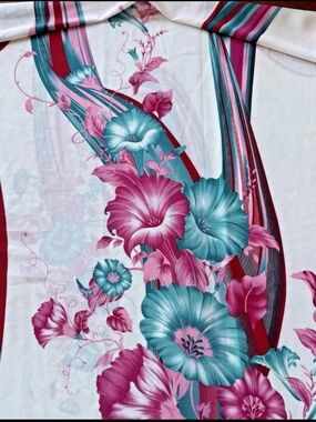 Vintage 70s 80s Silky White Pink Teal Tropical Floral Apparel Fabric 34" x 60"